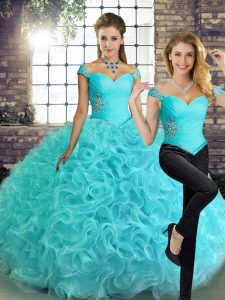 Gorgeous Aqua Blue Off The Shoulder Lace Up Beading Quinceanera Gowns Sleeveless