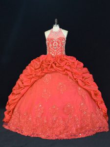 Red Ball Gowns Taffeta Halter Top Sleeveless Beading and Appliques and Embroidery Floor Length Lace Up 15th Birthday Dress