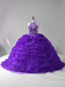 Purple Lace Up Sweet 16 Dress Beading and Pick Ups Sleeveless Court Train