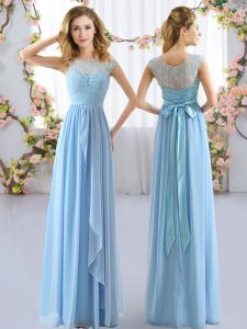 Light Blue Cap Sleeves Lace and Belt Floor Length Damas Dress