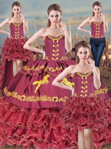 New Arrival Sleeveless Embroidery Lace Up Ball Gown Prom Dress with Burgundy Brush Train
