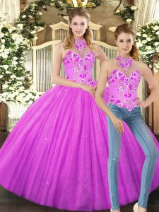 Floor Length Lace Up Sweet 16 Dresses Lilac for Military Ball and Sweet 16 and Quinceanera with Embroidery