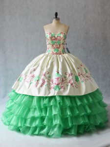 Modest Apple Green Ball Gowns Embroidery and Ruffled Layers Quince Ball Gowns Lace Up Organza Sleeveless Floor Length