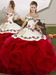 Adorable Tulle Off The Shoulder Sleeveless Lace Up Embroidery and Ruffles Sweet 16 Dress in White And Red