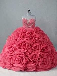 Ideal Fabric With Rolling Flowers Sweetheart Sleeveless Brush Train Lace Up Beading Quinceanera Dresses in Coral Red