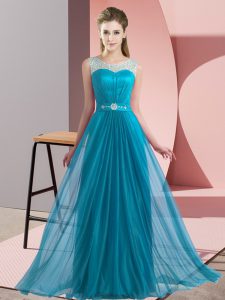 Cheap Sleeveless Floor Length Beading Lace Up Dama Dress for Quinceanera with Teal
