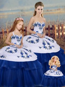 Floor Length Lace Up Quinceanera Gowns Royal Blue for Military Ball and Sweet 16 and Quinceanera with Embroidery and Bowknot