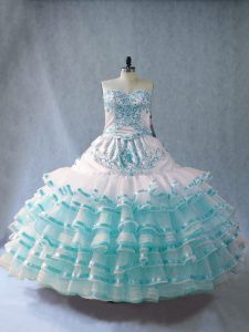 Great Sleeveless Embroidery and Ruffled Layers Lace Up Ball Gown Prom Dress