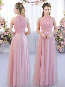 Enchanting Pink Quinceanera Court Dresses Wedding Party with Lace High-neck Sleeveless Zipper