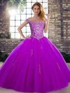 Purple Tulle Lace Up Off The Shoulder Sleeveless Floor Length Quinceanera Dress Beading
