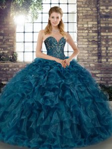 Inexpensive Teal Sleeveless Floor Length Beading and Ruffles Lace Up Ball Gown Prom Dress