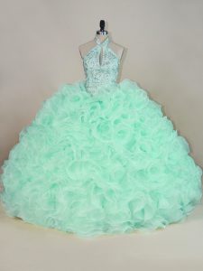 Chic Apple Green Ball Gowns Beading and Ruffles Quinceanera Gown Lace Up Fabric With Rolling Flowers Sleeveless
