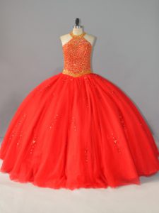 Shining Beading Quinceanera Gown Red Lace Up Sleeveless Floor Length