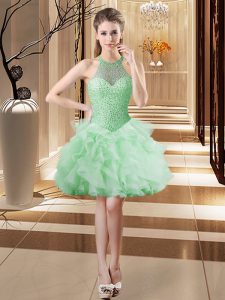 Discount Apple Green Prom Evening Gown Prom and Party with Beading and Ruffles Halter Top Sleeveless Lace Up