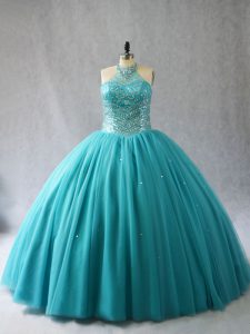 Fitting Sleeveless Beading Lace Up Quince Ball Gowns with Aqua Blue Brush Train