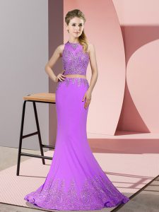 Free and Easy Lavender Mermaid High-neck Sleeveless Satin Sweep Train Zipper Beading and Appliques Evening Dress