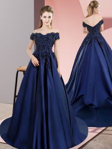 Spectacular Navy Blue A-line Satin Off The Shoulder Sleeveless Lace Lace Up Quince Ball Gowns
