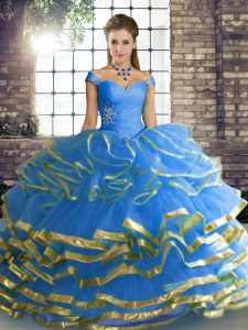 Hot Sale Blue Sleeveless Floor Length Beading and Ruffled Layers Lace Up Quinceanera Dresses