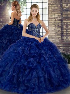 Inexpensive Sweetheart Sleeveless Ball Gown Prom Dress Floor Length Beading and Ruffles Royal Blue Organza