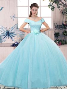 Aqua Blue Ball Gowns Tulle Off The Shoulder Short Sleeves Lace and Hand Made Flower Floor Length Lace Up Quinceanera Dresses