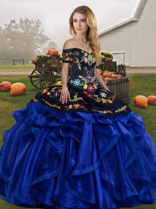 Dramatic Floor Length Lace Up Quinceanera Dresses Blue And Black for Military Ball and Sweet 16 and Quinceanera with Embroidery and Ruffles