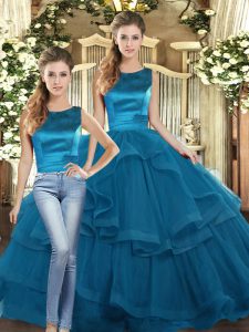 Lovely Scoop Sleeveless Lace Up Quinceanera Dress Teal Tulle