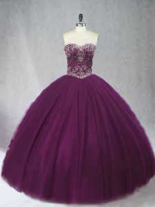 Sumptuous Dark Purple Lace Up Sweetheart Beading Sweet 16 Dress Tulle Sleeveless