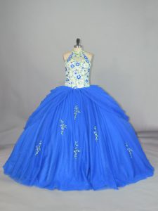Blue Sleeveless Floor Length Appliques and Embroidery Lace Up Ball Gown Prom Dress