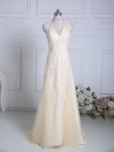 Extravagant Champagne Zipper V-neck Lace and Appliques Prom Gown Tulle Sleeveless Brush Train