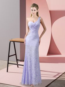 Lavender Lace Criss Cross Homecoming Dress Sleeveless Floor Length Beading and Lace
