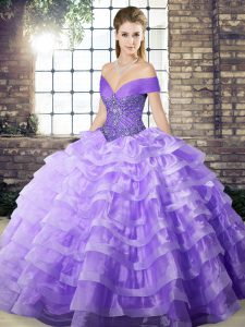 Extravagant Lace Up Quince Ball Gowns Lavender for Military Ball and Sweet 16 and Quinceanera with Beading and Ruffled Layers Brush Train
