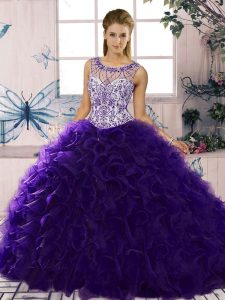 Hot Selling Floor Length Lace Up Sweet 16 Dresses Purple for Military Ball and Sweet 16 and Quinceanera with Beading and Ruffles