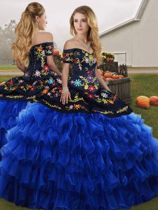 Stylish Sleeveless Organza Floor Length Lace Up 15 Quinceanera Dress in Blue And Black with Embroidery and Ruffled Layers