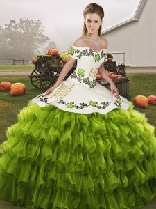Enchanting Sleeveless Floor Length Embroidery and Ruffled Layers Lace Up Ball Gown Prom Dress with Olive Green