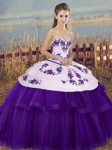 Customized Floor Length White And Purple Quince Ball Gowns Sweetheart Sleeveless Lace Up