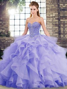 Admirable Lavender Sweetheart Lace Up Beading and Ruffles Ball Gown Prom Dress Brush Train Sleeveless