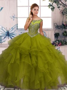 Olive Green Ball Gowns Organza Scoop Sleeveless Beading and Ruffles Floor Length Zipper Sweet 16 Quinceanera Dress