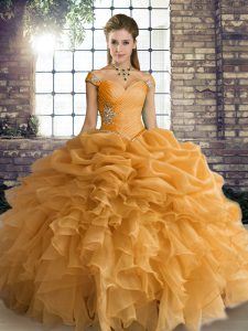 Orange Sweet 16 Quinceanera Dress Military Ball and Sweet 16 and Quinceanera with Beading and Ruffles and Pick Ups Off The Shoulder Sleeveless Lace Up