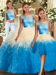 High Class Multi-color Sleeveless Floor Length Lace and Ruffles Backless 15 Quinceanera Dress