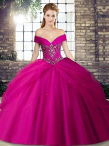 Fuchsia Ball Gowns Beading and Pick Ups Quinceanera Dresses Lace Up Tulle Sleeveless