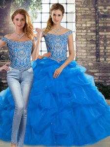 Off The Shoulder Sleeveless Brush Train Lace Up Quince Ball Gowns Blue Tulle