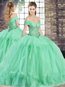 Modest Off The Shoulder Sleeveless Lace Up Sweet 16 Quinceanera Dress Apple Green Tulle