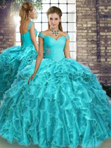 Aqua Blue Quinceanera Dresses Military Ball and Sweet 16 and Quinceanera with Beading and Ruffles Off The Shoulder Sleeveless Brush Train Lace Up