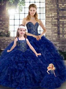 Latest Sleeveless Floor Length Beading and Ruffles Lace Up Quinceanera Dresses with Royal Blue