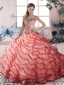 Beauteous Watermelon Red Lace Up Quinceanera Gown Beading and Ruffled Layers Sleeveless Brush Train