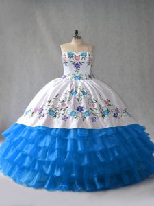 Chic Organza Sweetheart Sleeveless Lace Up Embroidery and Ruffled Layers Sweet 16 Quinceanera Dress in Blue And White