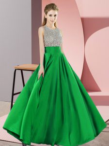 Green Empire Elastic Woven Satin Scoop Sleeveless Beading Floor Length Backless Dress for Prom