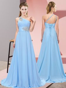 Blue Formal Evening Gowns Chiffon Brush Train Sleeveless Beading