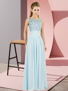 Light Blue Empire Beading Evening Dress Backless Chiffon Sleeveless Floor Length