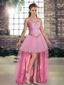 Custom Design Pink Scoop Neckline Beading Homecoming Dress Sleeveless Lace Up